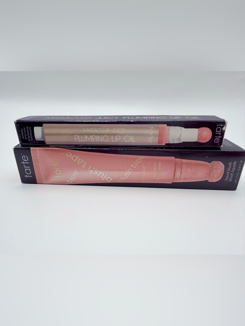 TARTE Maracuja Plumping Lip Oil shade PETAL + Tape Liquid Blush shade: PINK